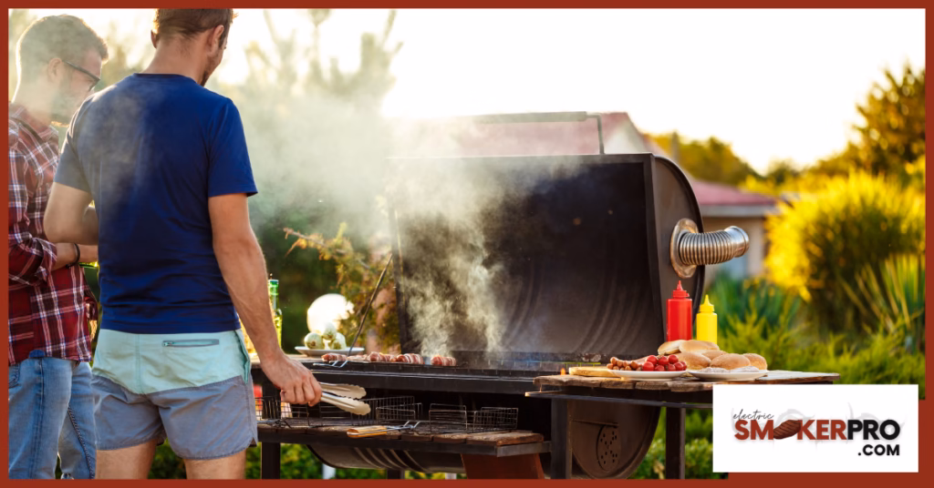 Young men grilling and talking on how to clean an electric smoker.