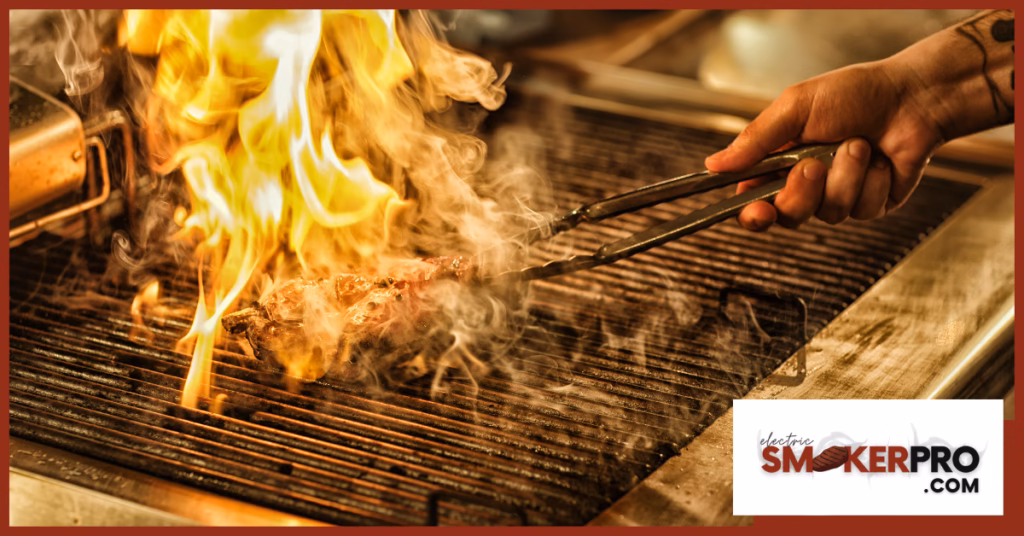 Delicious juicy steak flaming with fire and smoke flavor.
