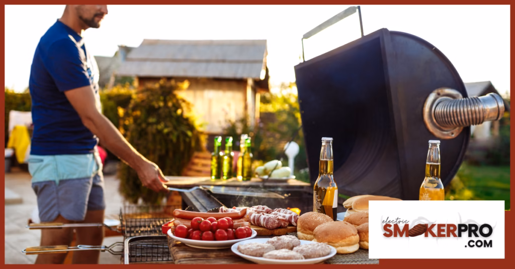 Young man roasting barbecue on affordable electric smokers .