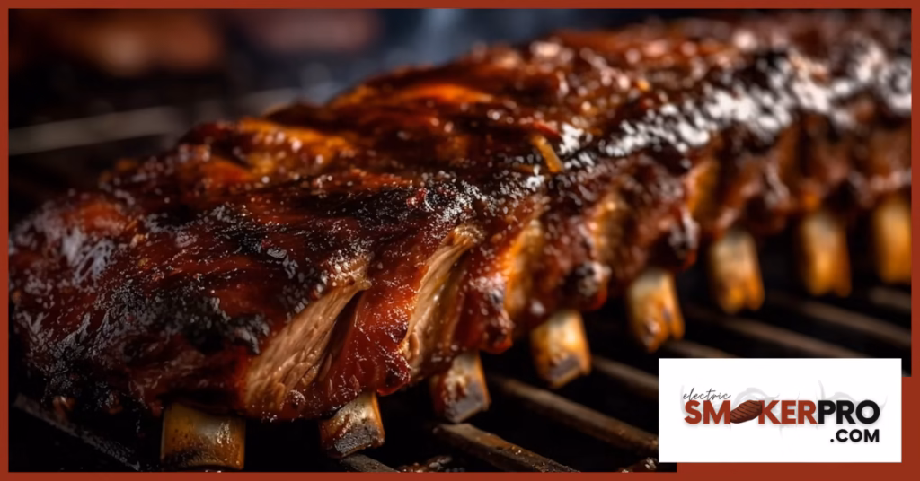Rack of easy smoked ribs recipe cooking on a grill.