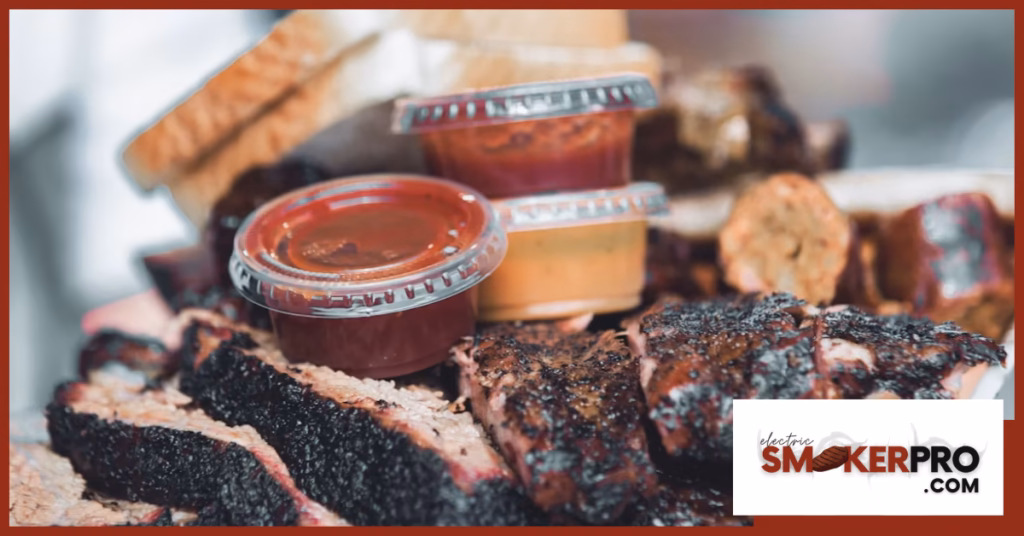 Title: Alt Text Smoked brisket slices with barbecue sauce and sides, illustrating how to smoke a brisket.