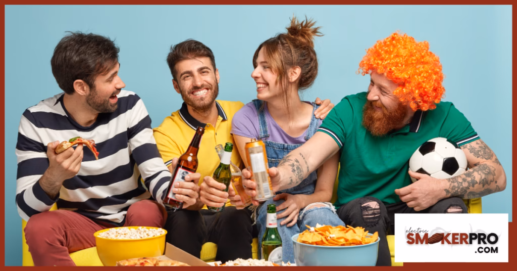 Friends enjoying food and drinks at a party, promoting smoker recipes.
